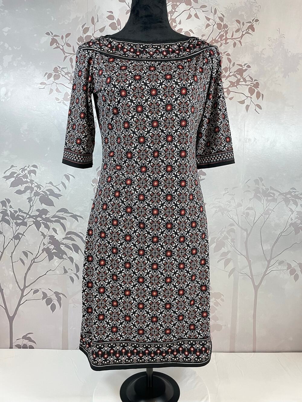 Max Studio Floral Boatneck Sheath Dress Red Black Tile Print Medium NWT